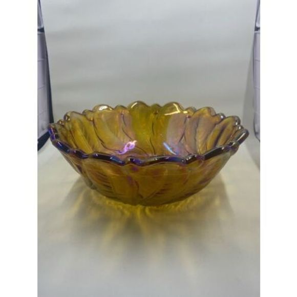 Amber Carnival Glass Footed Fruit Bowl Dish Iridescent 9" Fall Autumn VTG - Picture 4 of 5